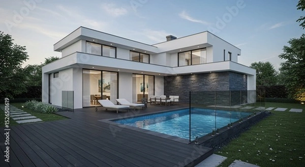Fototapeta Modern home with pool at dusk