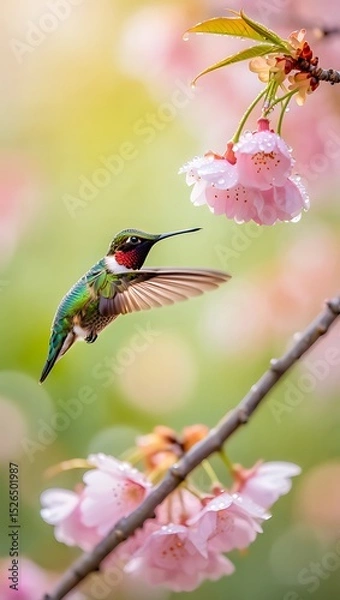 Fototapeta Hummingbird in Flight Near Delicate Pink Blossoms A Stunning Springtime Image