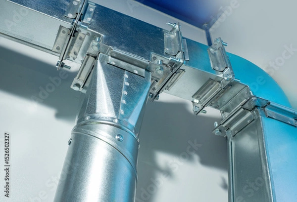 Obraz Metal industrial air duct system with connectors and supports, designed for ventilation and air distribution in HVAC installations. – Industrial equipment. Air ventilation.
