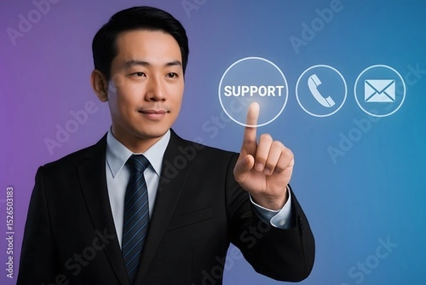 Fototapeta A confident professional in a tailored suit interacts with a futuristic interface, symbolizing customer support, communication, and technological advancement.