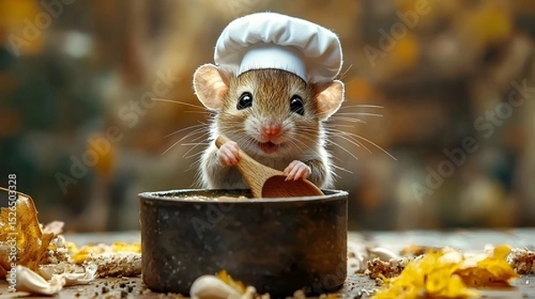 Fototapeta A tiny mouse chef stirring a pot of warm soup