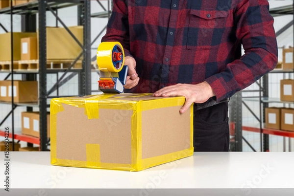 Obraz Box in packer hands. Worker seals box with tape. Cropped packer at work. Parcel packing in warehouse. Storekeeper with tape dispenser in hand. Packer hands at work. Parcel fulfillment