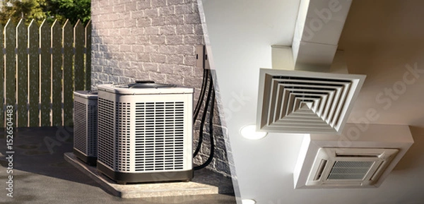 Obraz External air conditioner pumps near wall. Ventilation pipes under ceiling of room. Air handling unit. Vents equipment. Air-conditioning ducts. Ventilation technologies. Industrial utilities