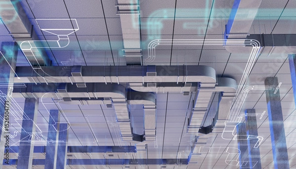 Obraz Industrial ventilation communications. Vents shafts under roof of hangar. Air handling unit. Air-conditioning ducts. Industrial utilities design. Ventilation system in factory building. 3d image