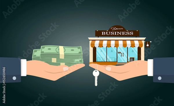 Obraz Vector illustration of two hands changing money for small cafe with your business words. 
