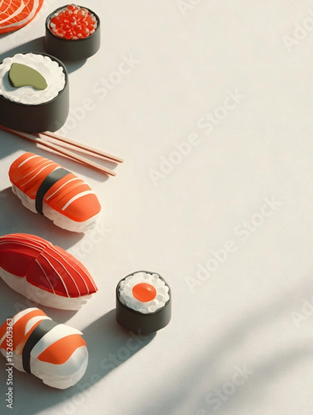 Obraz Minimalist 3D flat design poster featuring iconic sushi elements