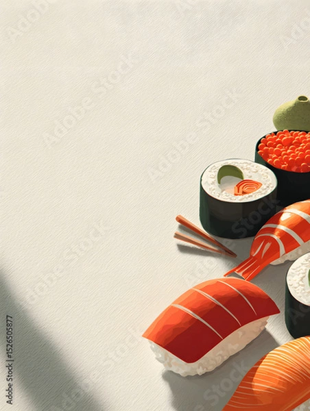 Obraz Minimalist 3D flat design poster featuring iconic sushi elements