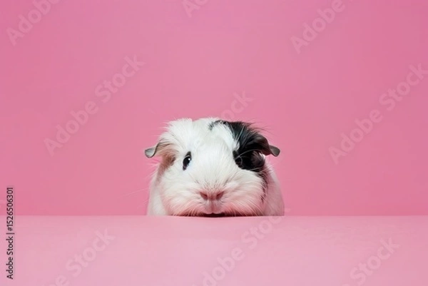 Fototapeta Adorable guinea pig curiously peeking out from behind soft pink background, creating playful and charming pet portrait