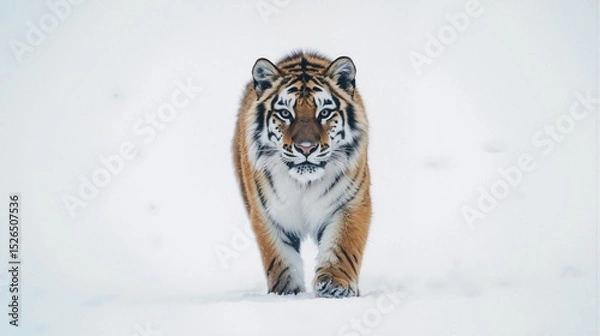 Fototapeta Powerful Tiger Strolling Through Snowy Landscape