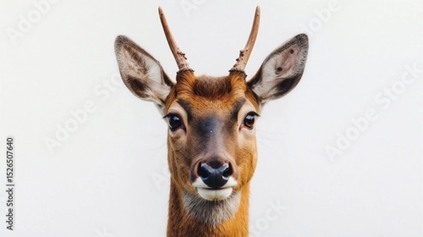 Fototapeta Close-Up of a Deer with Antlers Against a White Background