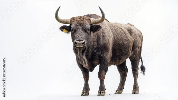 Fototapeta Strong Bull Staring Intently Against a Plain White Background