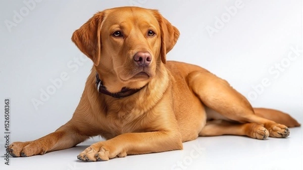 Fototapeta Charming Yellow Labrador Retriever Relaxing on White Surface