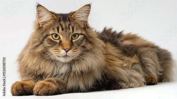 Fototapeta Majestic Maine Coon Cat Lying on White Background
