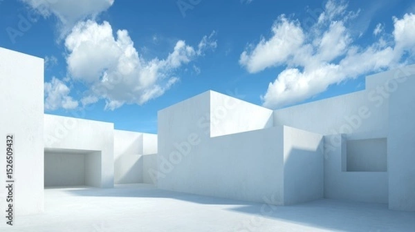 Fototapeta Futuristic abstract 3d rendering of minimal gray building architecture with clean lines and modern structure under clear blue sky. Conceptual design for cityscape, urban development and construction