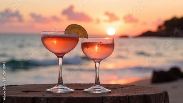 Fototapeta Enjoying cocktails at sunset on a beach with gentle waves in the background