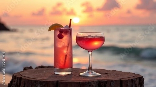 Fototapeta Enjoying colorful cocktails during sunset at the beach with waves gently crashing in the background