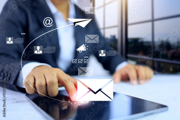Fototapeta Business information concept with businessman sending e-mail to customers or affiliated to notification inform or announcement news and report project progression