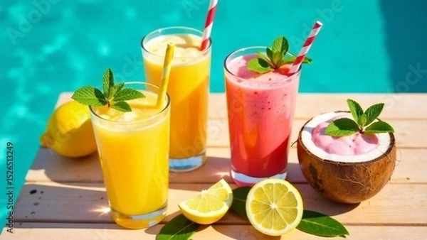 Fototapeta Refreshing tropical drinks on a sunny day by the poolside with vibrant colors and fresh ingredients