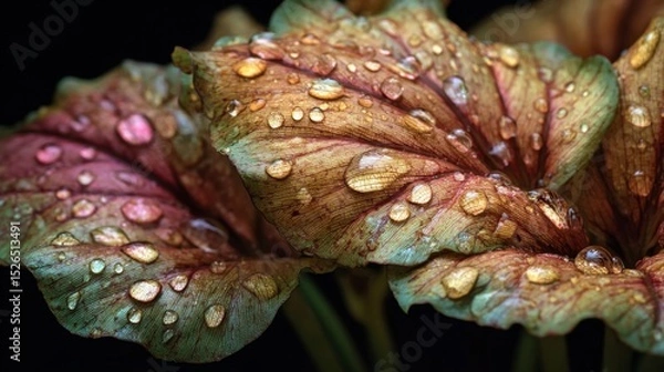 Fototapeta Close-Up of Red and Green Leaves with Water Droplets