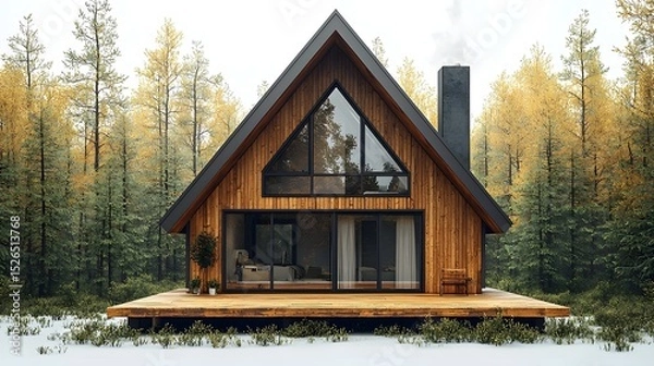 Fototapeta Cozy A frame wooden cabin nestled in an autumn forest