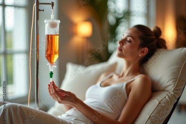 Obraz Editorial Photoshoot: Stylish Woman Receives IV Drip Vitamin Therapy in Modern Lounge Setting, Highlighting Sleek Design and Rejuvenating Effects