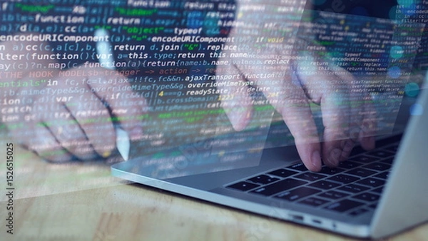 Fototapeta Powerful for firewall, security, and software projects.IT professional coding backend script for secure network system in dark web style environment.