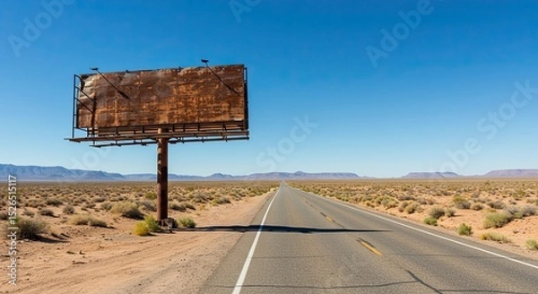 Fototapeta Desert highway with an abandoned billboard under a bright blue sky on a sunny day