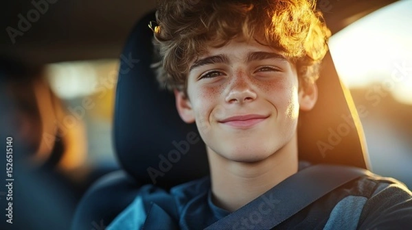 Fototapeta Smiling boy in a car with sunlight illuminating his face.