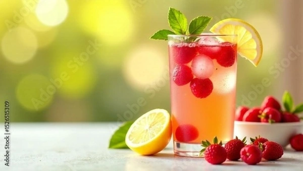 Fototapeta Refreshing raspberry lemonade served in a glass with lemon slices and mint leaves on a sunny day