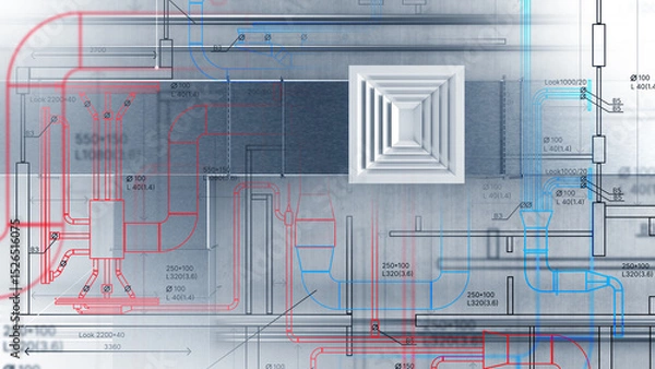 Obraz Air handling unit. Ventilation pipes under roof. Air-conditioning ducts with drawings. Industrial utilities for air filtration. Square vents shafts. Design of air handling unit. 3d image
