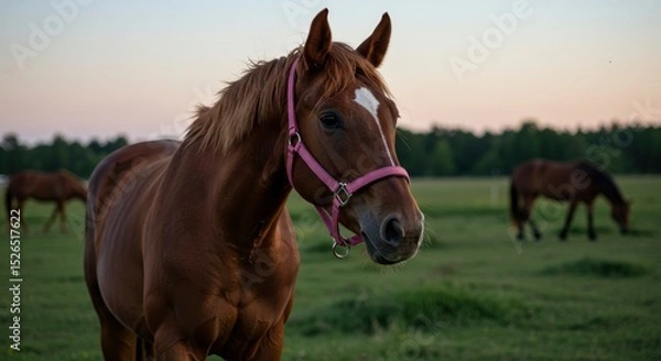 Fototapeta Chestnut horse with a pink halter stands in a green field with other horses under a dusky sky