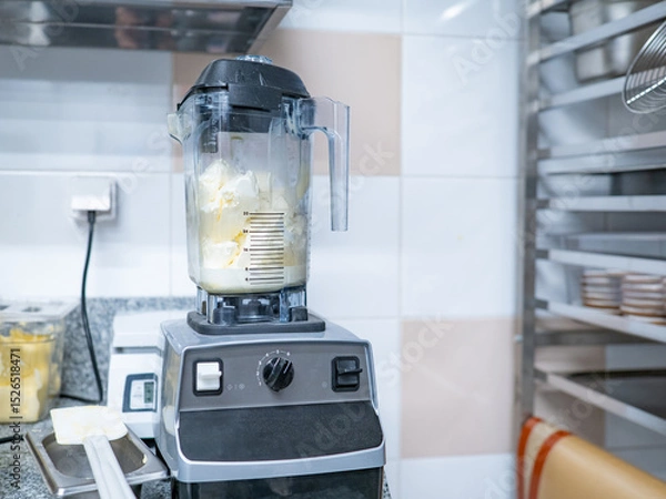 Obraz Close-up of a commercial blender filled with cream and butter in a professional kitchen, surrounded by baking tools and ingredients. – Catering. Restaurant. Food Industry.