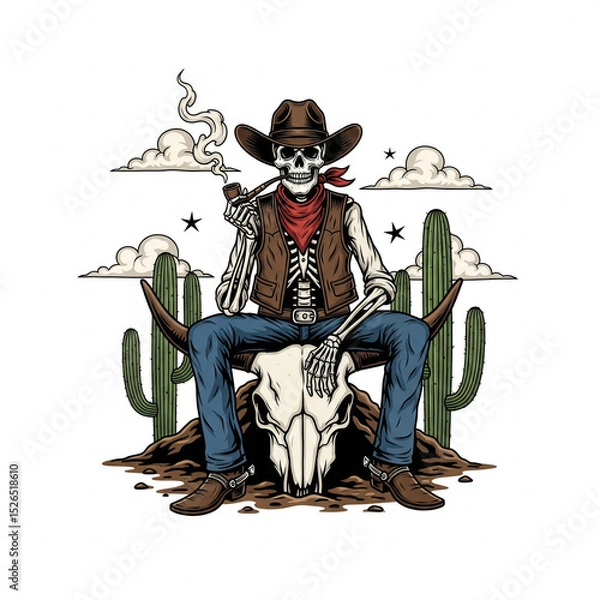 Obraz Cartoonish Detailed Skeleton Cowboy Smoking Pipe on Bull Skull Illustration