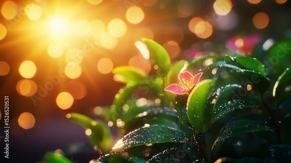 Fototapeta A vibrant close-up of green leaves with a delicate pink flower, glistening with dew, illuminated by warm sunlight and soft bokeh.