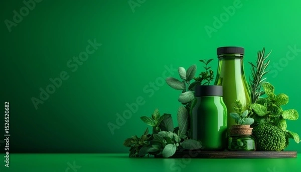 Fototapeta A collection of green beverages and herbs displayed on a vibrant green background, highlighting freshness and natural ingredients.