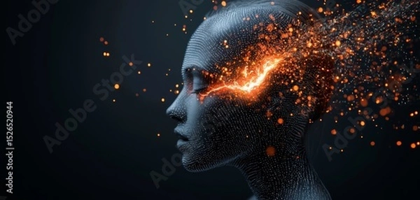 Fototapeta A futuristic, abstract representation of a human head with digital particles and sparks emanating, symbolizing creativity and technological advancement.