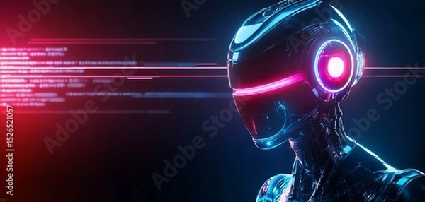 Fototapeta A futuristic robot head with glowing lights and digital data streams, representing advanced technology and artificial intelligence.
