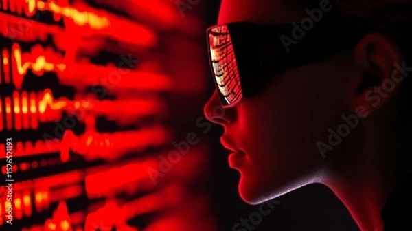 Fototapeta A futuristic figure wearing sleek sunglasses gazes at vibrant red data visuals, embodying advanced technology and digital innovation.