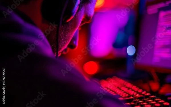 Fototapeta A person focused on a computer screen, immersed in a vibrant, colorful environment with glowing lights and headphones.
