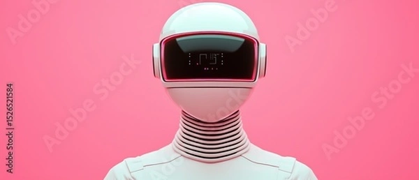 Fototapeta A futuristic robot figure with a smooth, white surface and a sleek visor stands against a vibrant pink background.