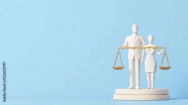 Fototapeta A pair of figurines representing justice, each holding a scale, against a light blue background, symbolizing balance and equality.