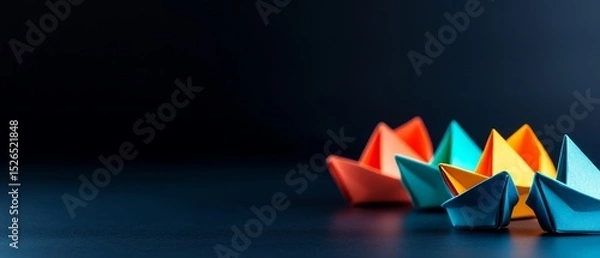 Fototapeta Colorful origami boats arranged artistically against a dark background, showcasing creativity and craftsmanship.