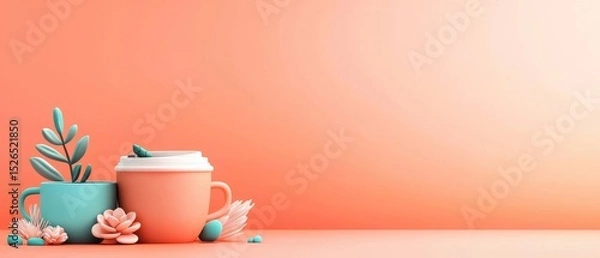 Fototapeta A vibrant composition featuring two stylish cups, greenery, and decorative succulents against a soft peach background.