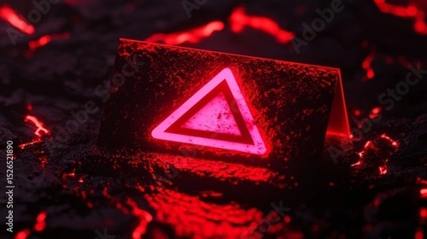 Fototapeta A glowing red triangular sign rests on a dark, textured surface, evoking a sense of danger or alertness amidst a dramatic backdrop.