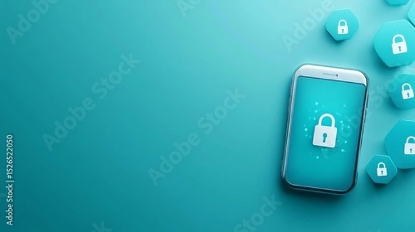 Fototapeta A mobile device surrounded by lock icons, symbolizing digital security and privacy in a modern, teal background.