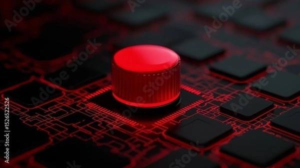 Fototapeta A close-up of a red knob on a dark, circuit-like background, highlighting a modern, tech-inspired design.