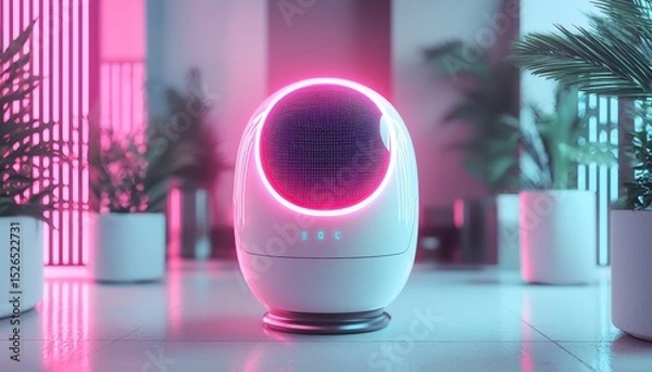 Fototapeta A futuristic robotic device with a glowing pink ring, positioned in a modern environment filled with plants and ambient lighting.