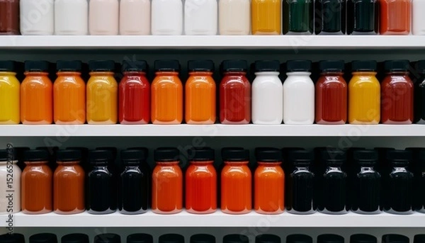 Fototapeta A vibrant display of jars in various colors, neatly arranged on a shelf, showcasing a colorful assortment of sauces or condiments.