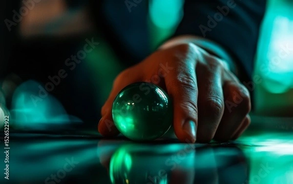 Fototapeta A hand reaches for a glowing green orb on a reflective surface, illuminated by soft, blue-green lighting, creating a mysterious atmosphere.