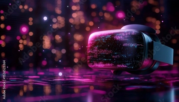 Fototapeta A futuristic VR headset displayed against a vibrant, colorful background filled with glowing particles and digital effects.